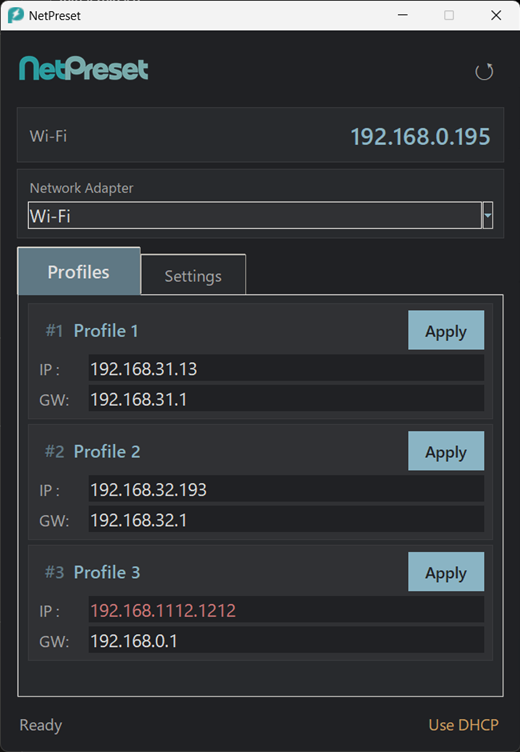 NetPresetのプロファイル切替画面